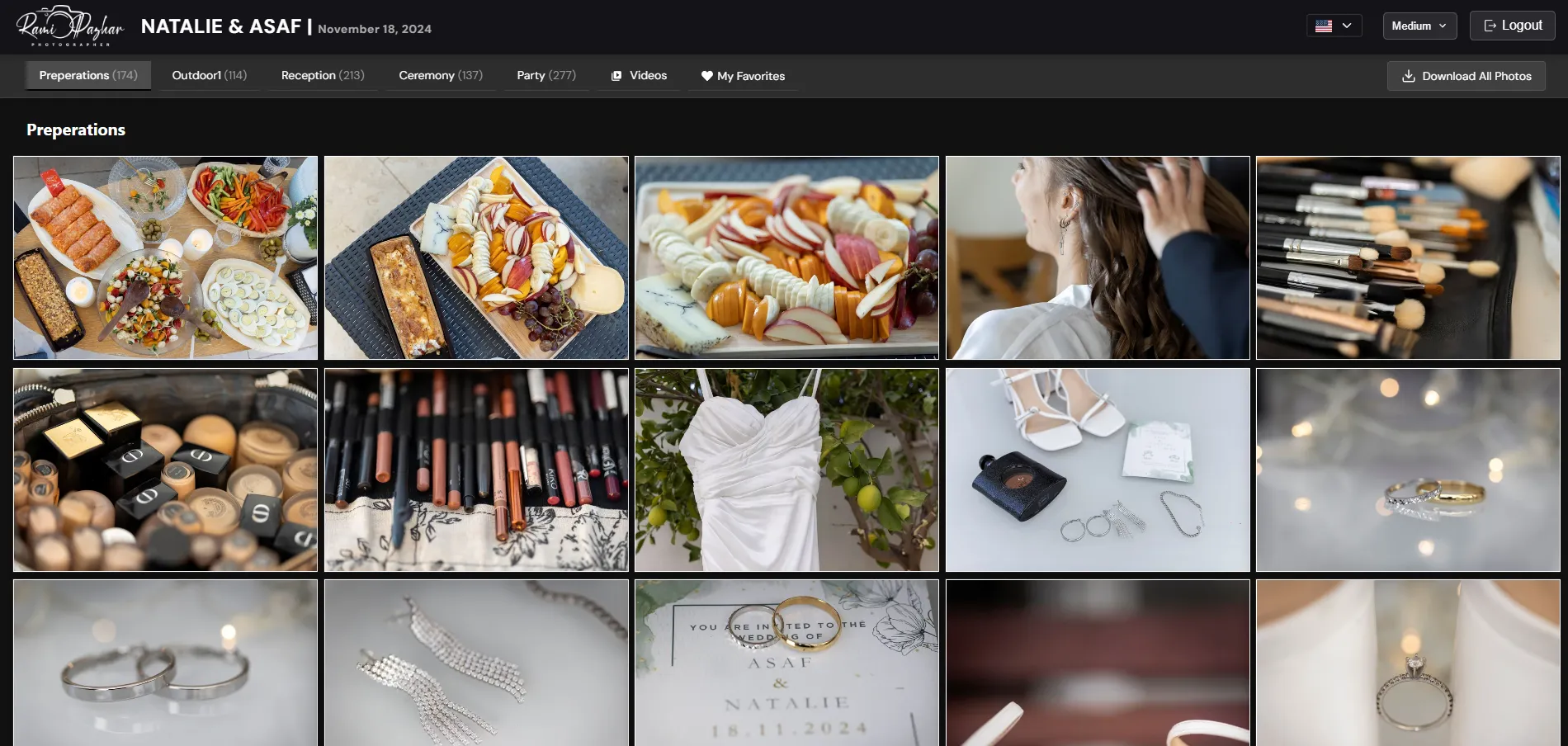 Client gallery view - categories and thumbnails