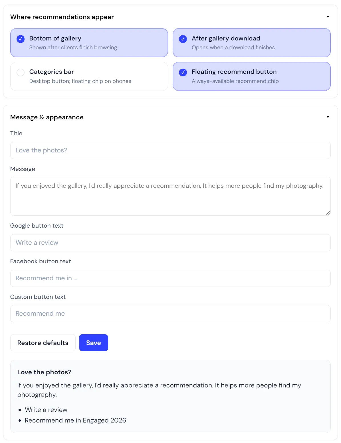 Customizing recommendation settings for a gallery