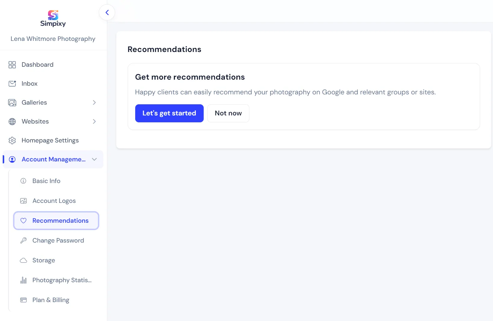 Recommendations account settings ready to set up