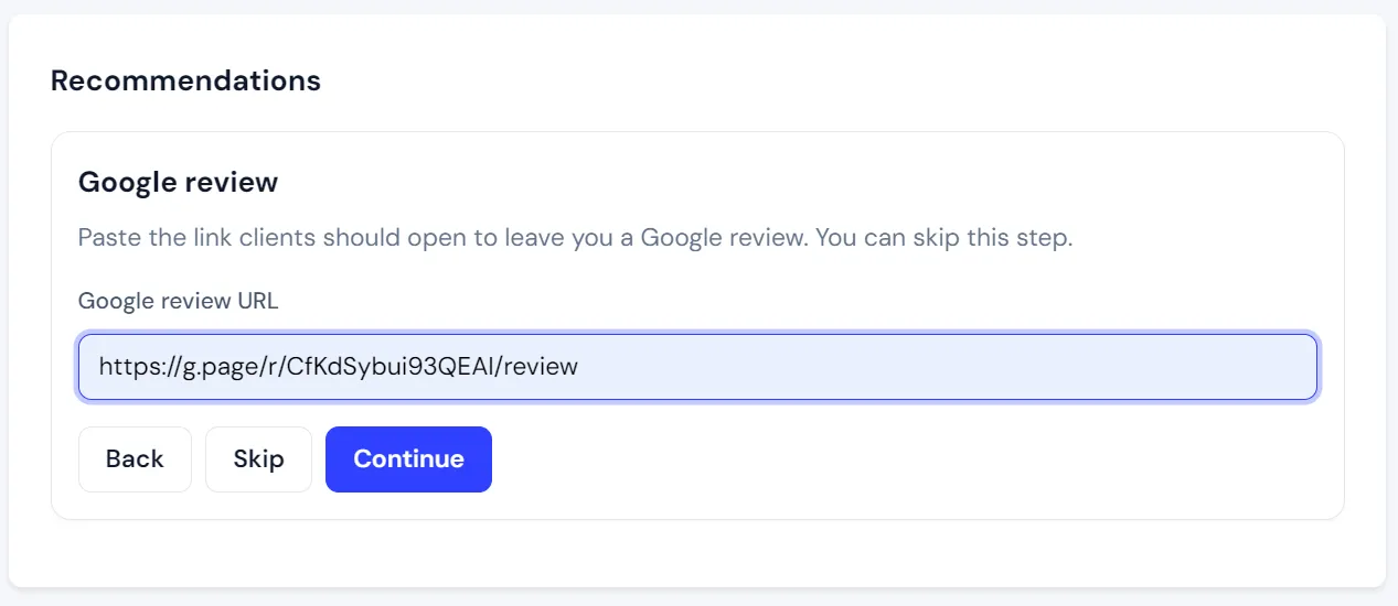 Adding a Google review link for recommendations