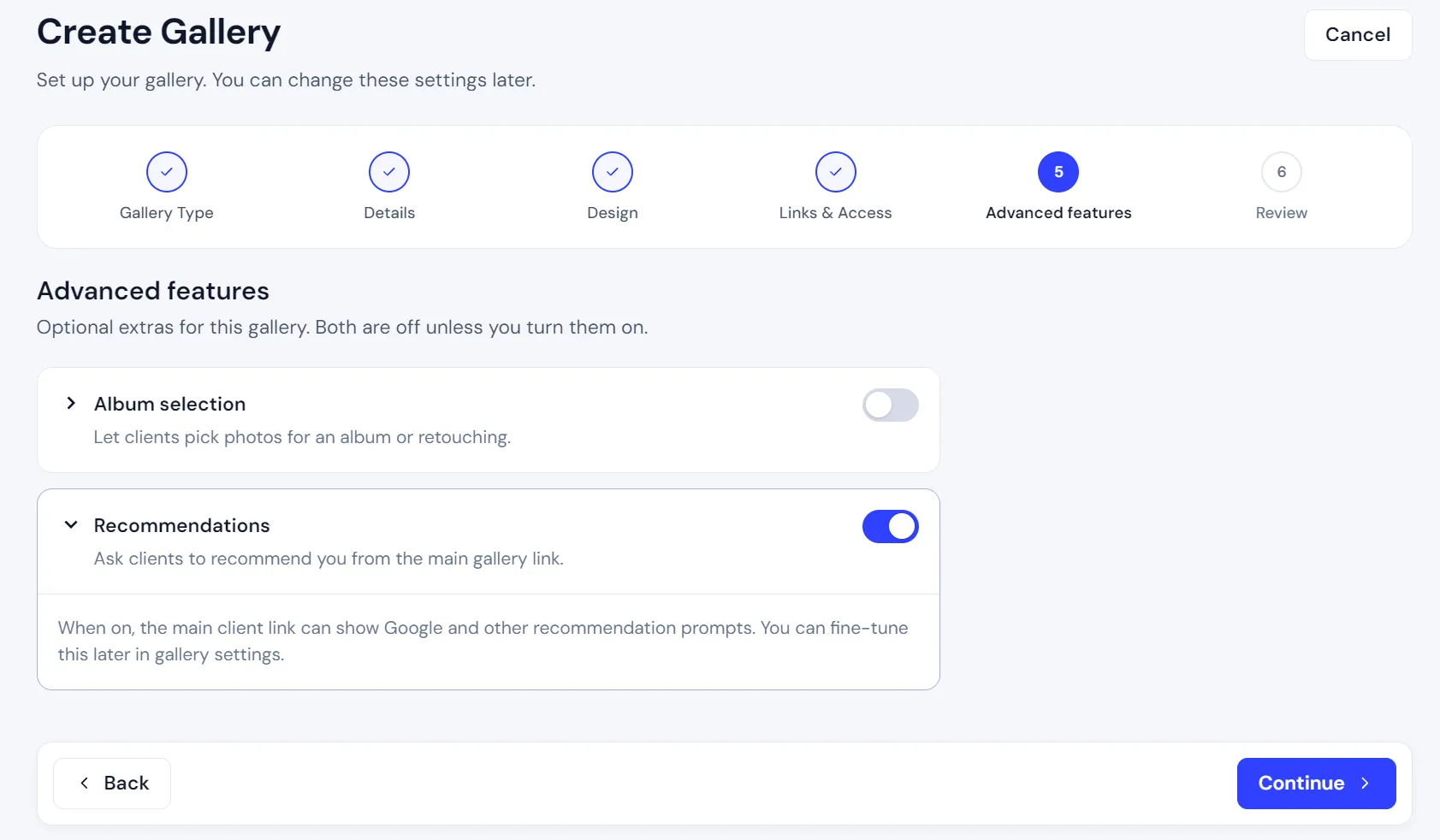 Enabling recommendations while creating a new gallery