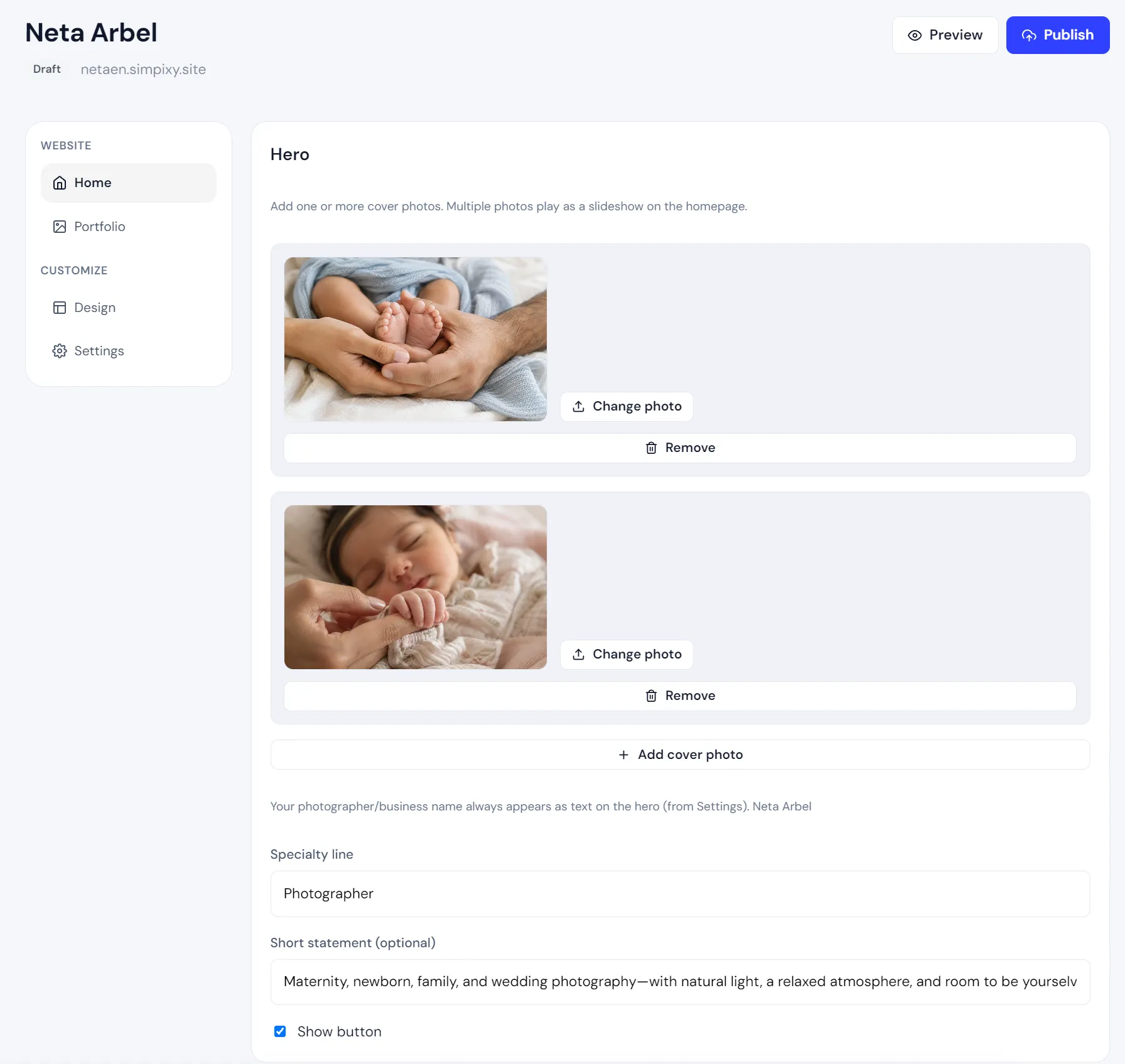 Simpixy photographer website editor